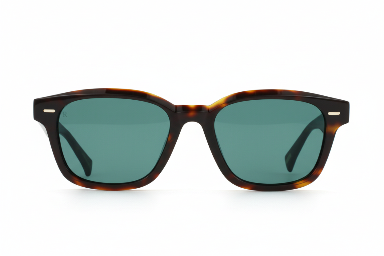 Sunglasses with tortoiseshell frame and green lenses on a white background